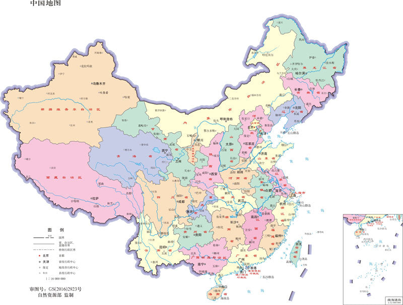 中国标准地图,完整显示中国轮廓、省级行政区及南海诸岛